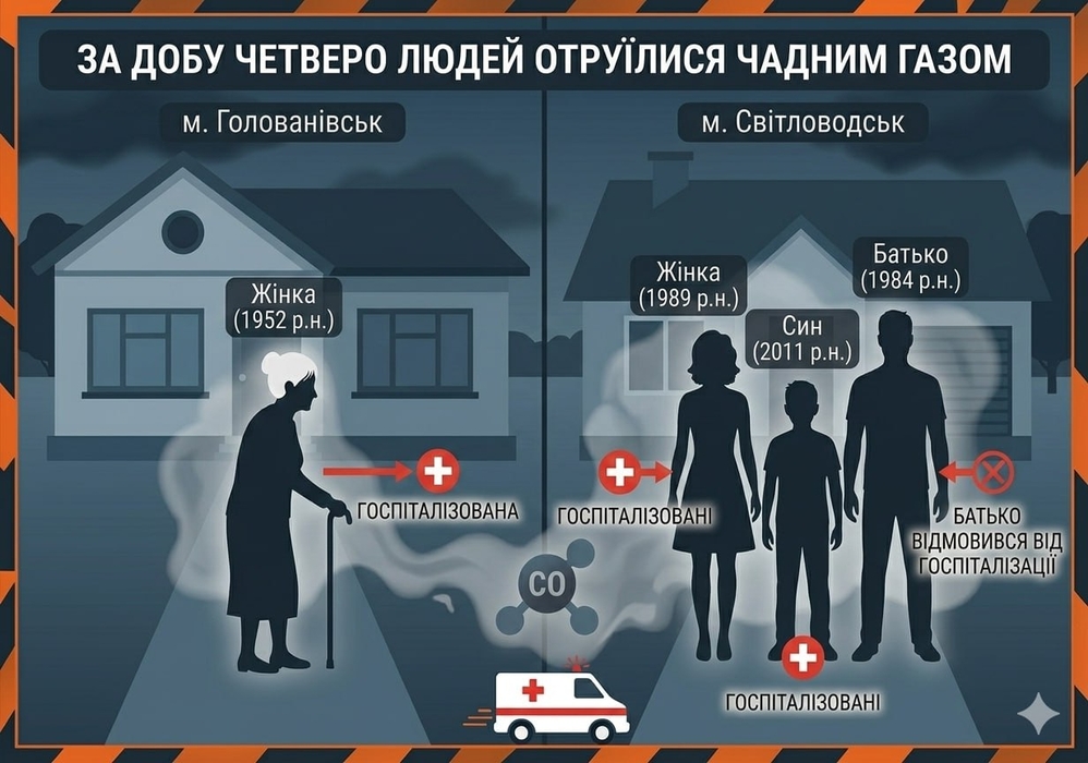 Інфографіка до новини про постраждалих від отруєння чадним газом на Кіровоградщині