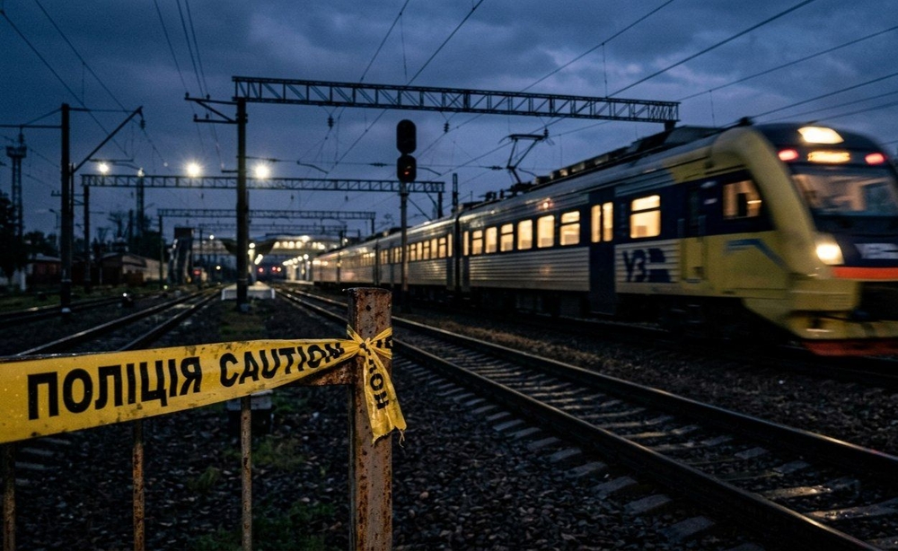 Ілюстративне зображення швидкісного поїзда на залізниці та поліцейської стрічки