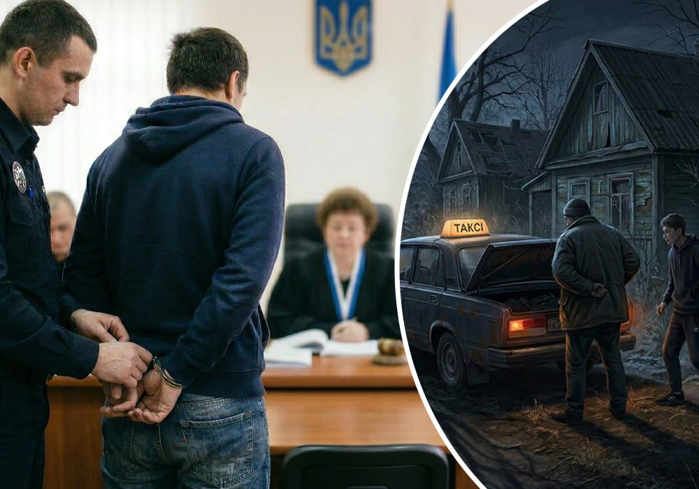 Ілюстративне зображення підсудного в наручниках та згенероване зображення автомобіля таксі та двох чоловіків поруч