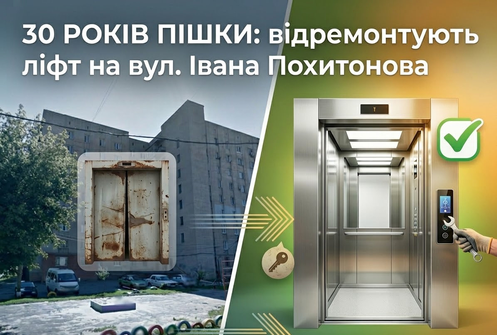 Колаж будинку на вул. Івана Похитонова, та сучасного ліфта поруч