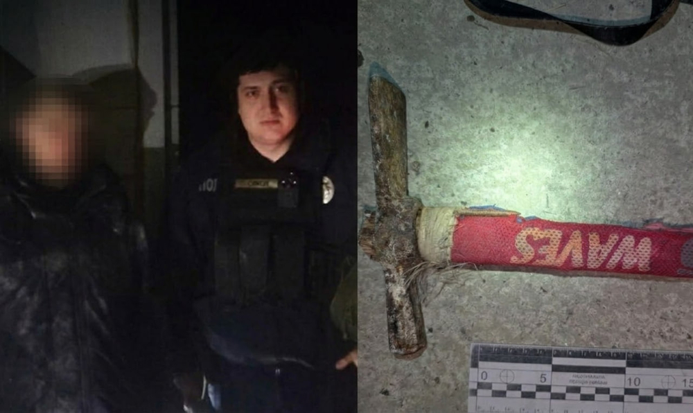 Фото зловмисника та кирка, якою він пошкодив двері