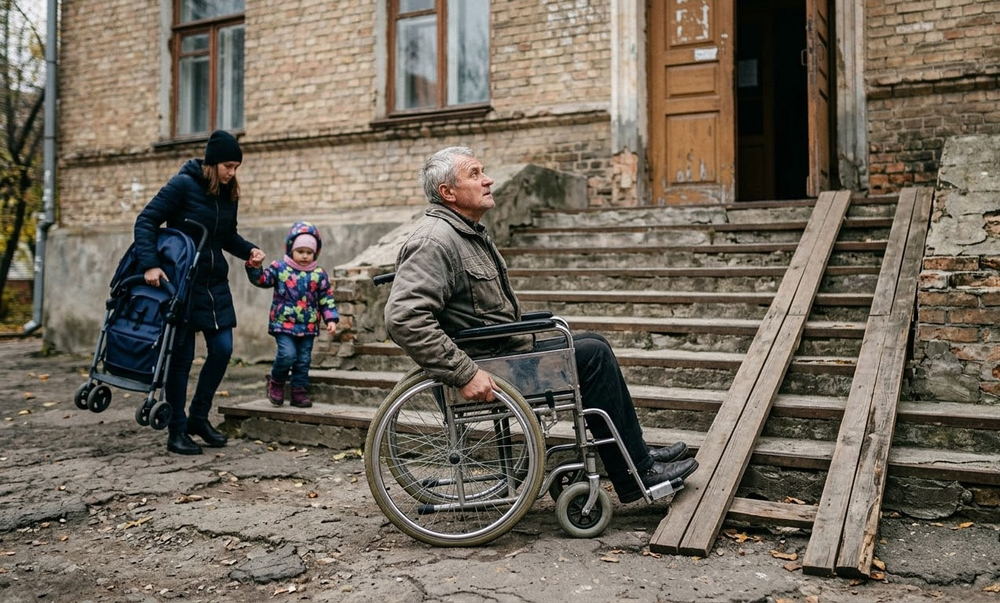 Сходи без пандуса, та чоловік у кріслі колісному, який не може самостійно заїхати