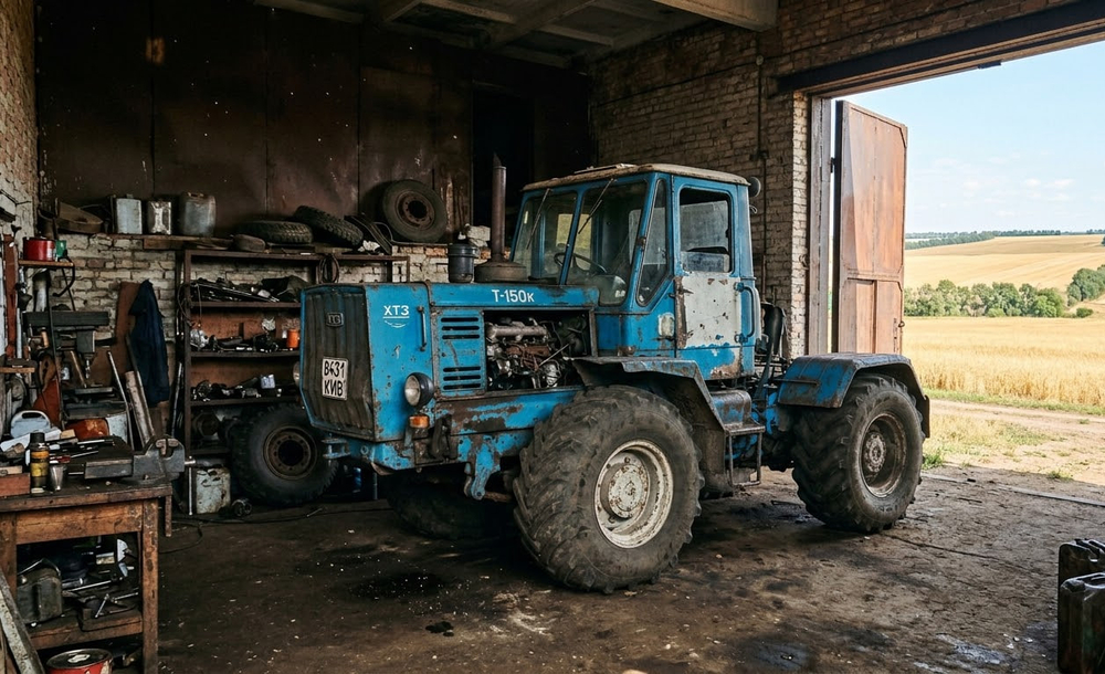 Трактор Т-150 стоїть у ангарі