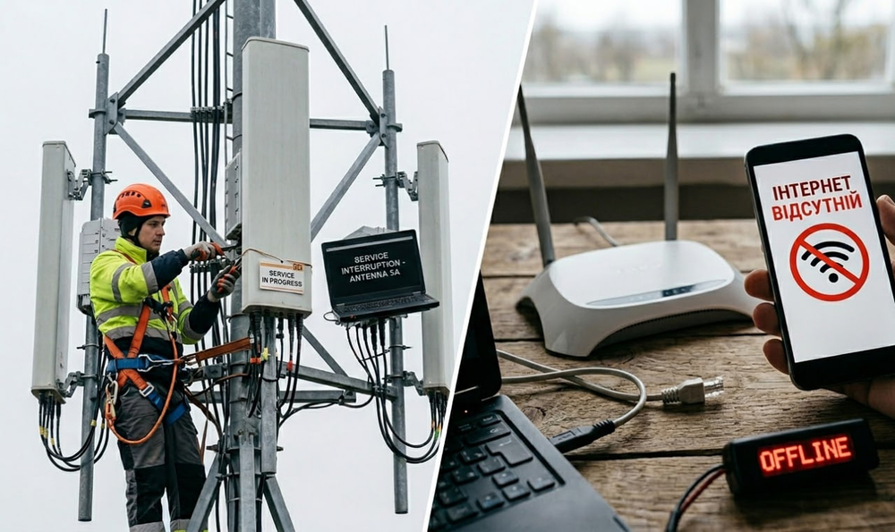 Колаж з стільниковою вишкою та телефоном де відустне інтернет-з'єднання