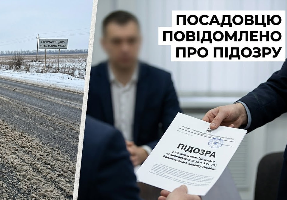 Умовне зображення повідомлення про підозру та фото дороги посипаної від льоду