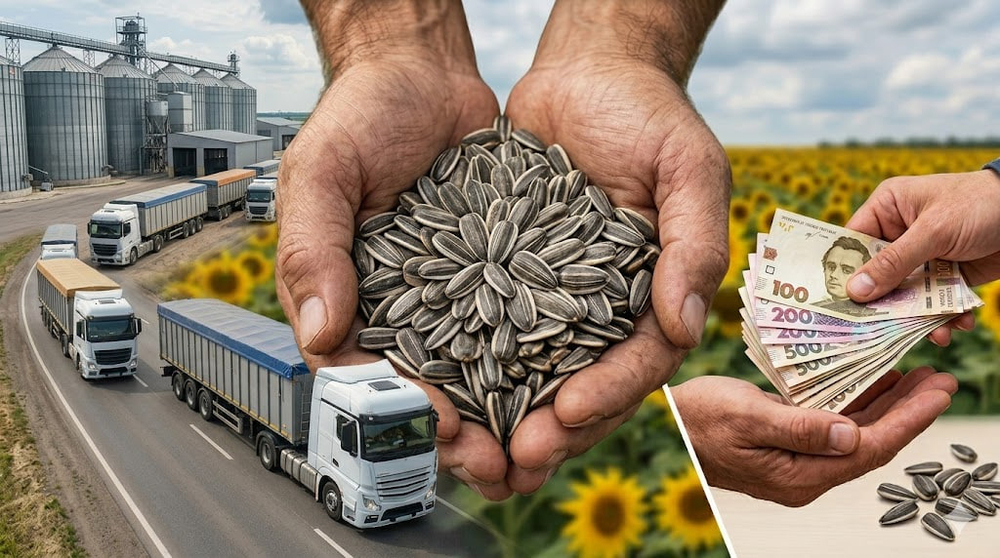 Колаж з фурами на трасі, елеватором, насінням соняшнику в руках та грошима
