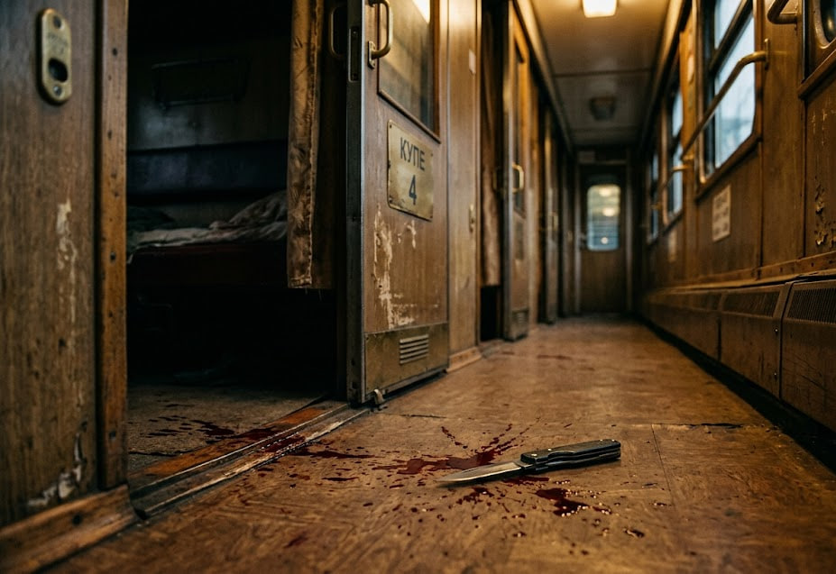 коридор вагону купе, ніж на підлозі