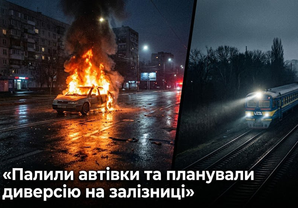 Колаж з автівкою, що горить зліва, та поїздом а колії справа
