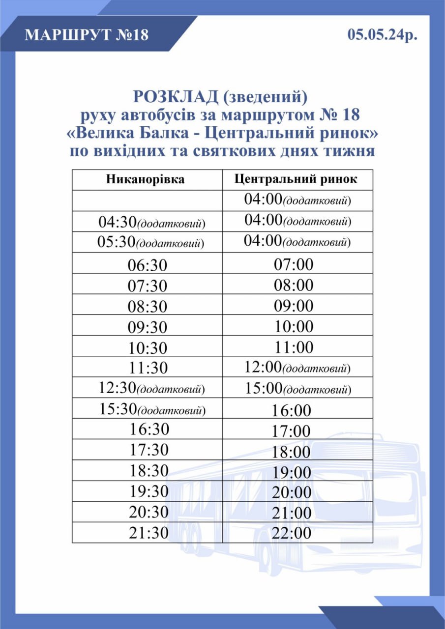 Зведений графік руху автобусів 5 травня 2024 року з додатковими ранковими рейсами