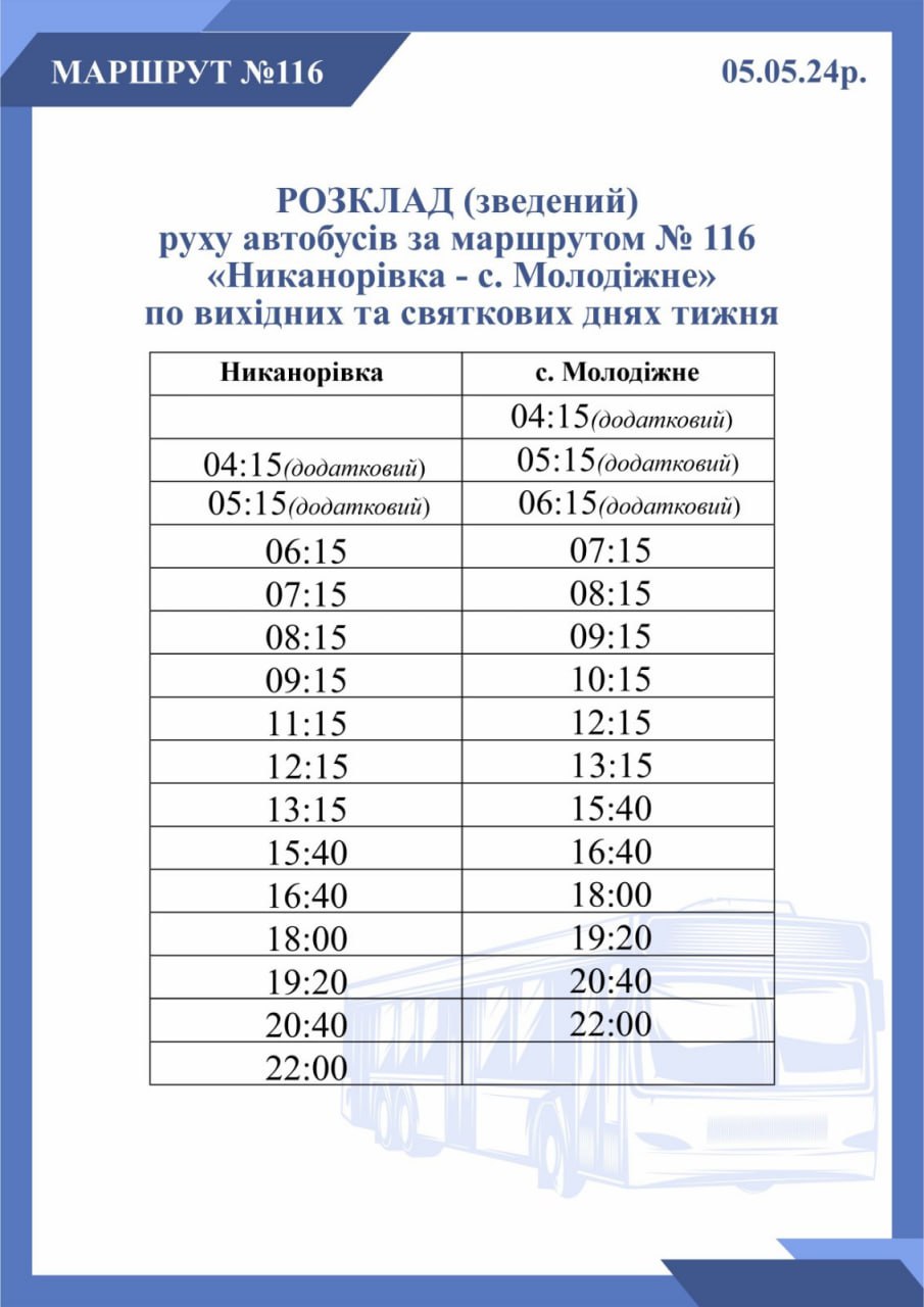 Зведений графік руху автобусів 5 травня 2024 року з додатковими ранковими рейсами