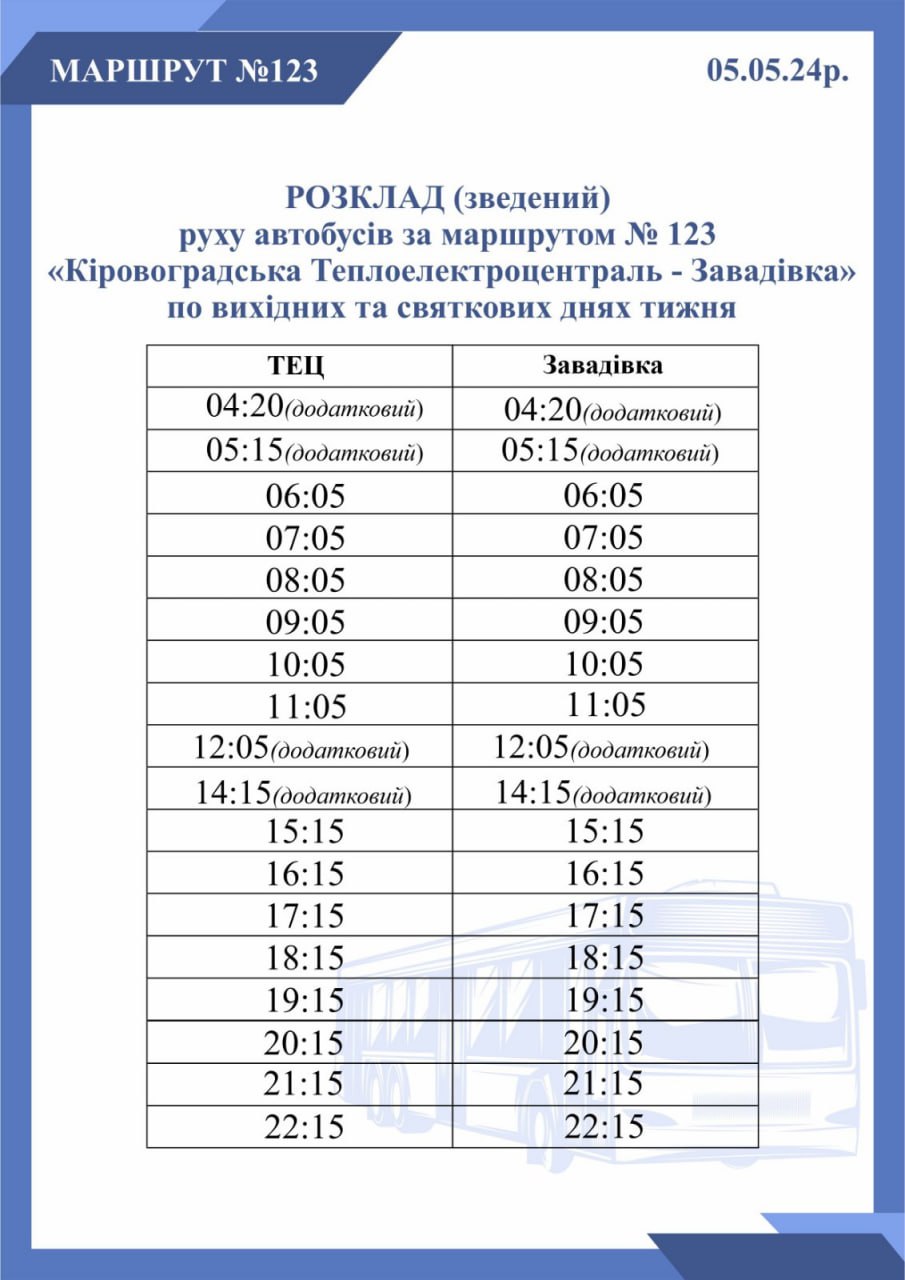 Зведений графік руху автобусів 5 травня 2024 року з додатковими ранковими рейсами