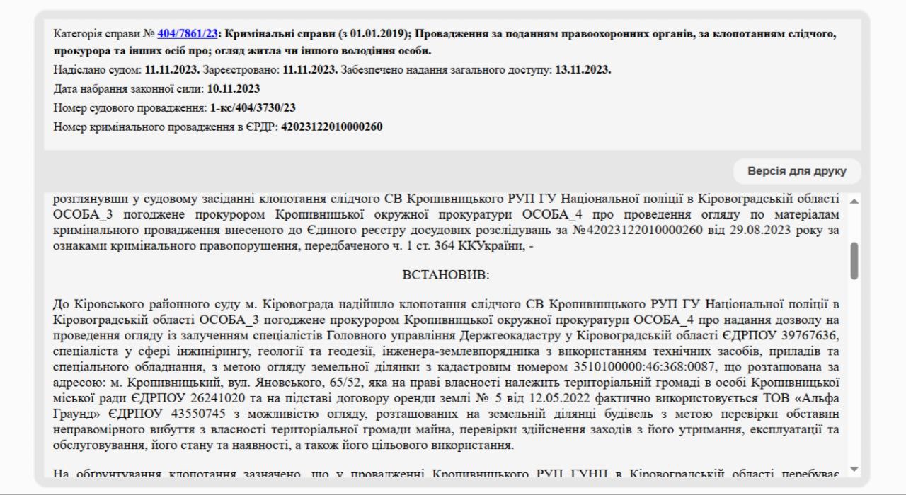 Судовий реєстр щодо землі, на якій знаходиться майданчик у Кропивницькому.