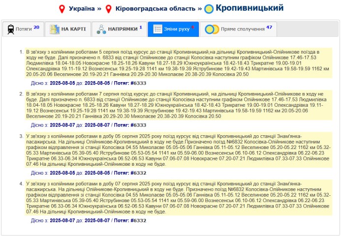 На Кіровоградщині через проведення ремонтних робіт на коліях 5 та 7 серпня тимчасово зміниться маршрут приміського поїзда.
