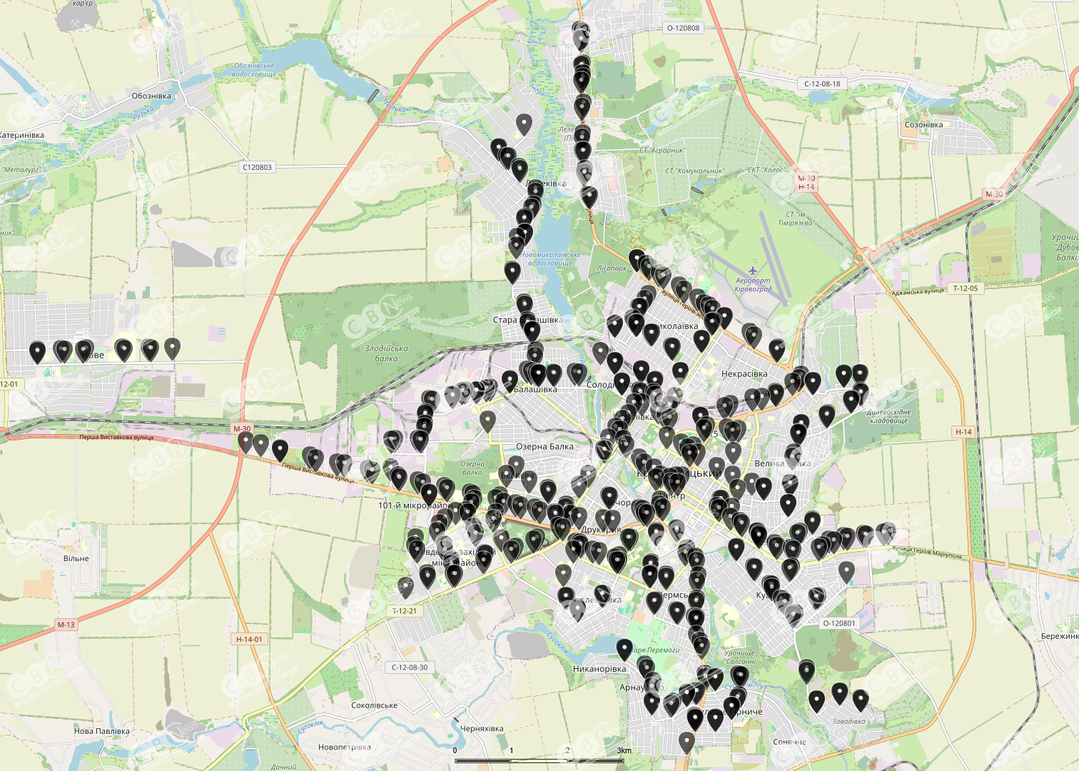 За даними OpenStreetMap у Кропивницькому є понад 400 зупинок громадського транспорту