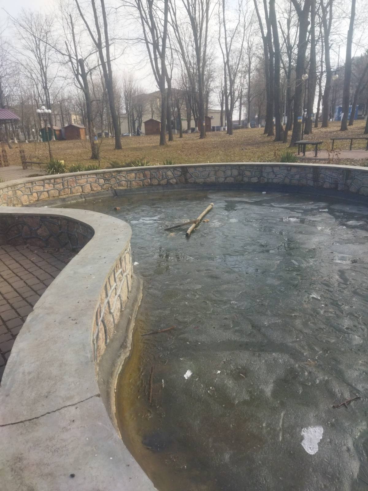 Поруччя від дерев'яної споруди лежить у ставку