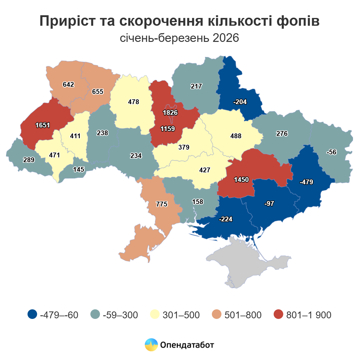 Картосхема з даними про приріст та скорочення кількості ФОПів
